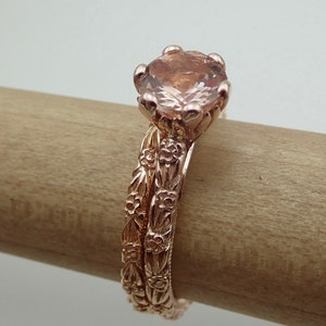 Peach Color Morganite Engagement Ring Wedding Band Set Thin 2 mm Antique, Vintage Style Carved Flower Tulip Setting 14k Rose Gold