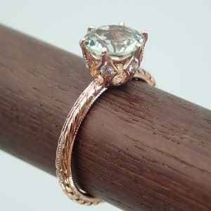 Green Amethyst Engagement Ring Crown Solitaire with Diamonds Wheat Pattern Band Vintage / Antique Style 14k Rose Gold