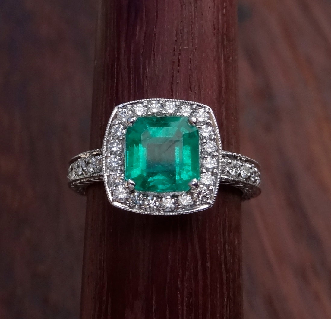 Natural Brazilian Emerald with Diamonds Halo Engagement Ring | Etsy