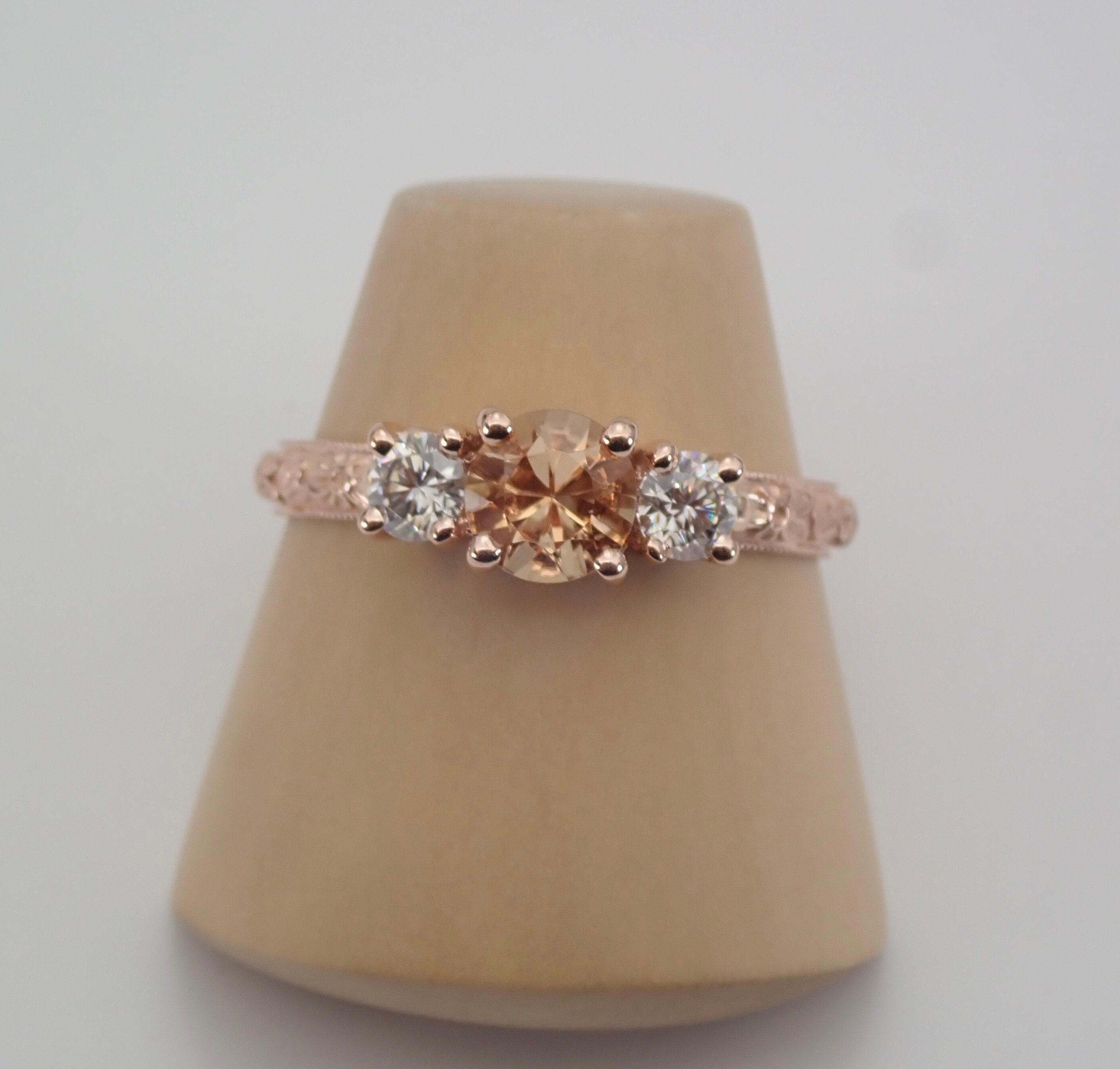 Vintage Peach Color Imperial Topaz Three Stone Engagement Ring 14k Rose / Pink Gold Orange Blossom Carved Band, Comfort Fit  Promise Ring