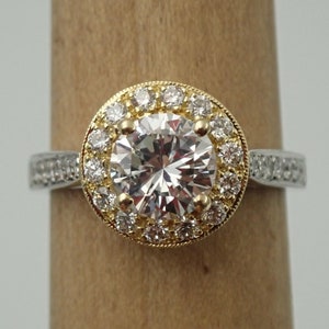 Natural 1.20 Carats Diamond Halo 18k Yellow Engagement Ring 18k White Yellow Band Two Tone Vintage / Antique Style image 1