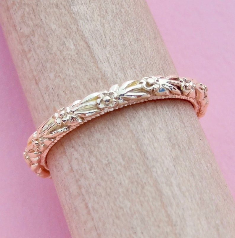 Thin Antique Carved Flower Wedding Band with Milgrain 2mm wide 14k Solid Yellow Gold Original Vintage / Antique Style image 5