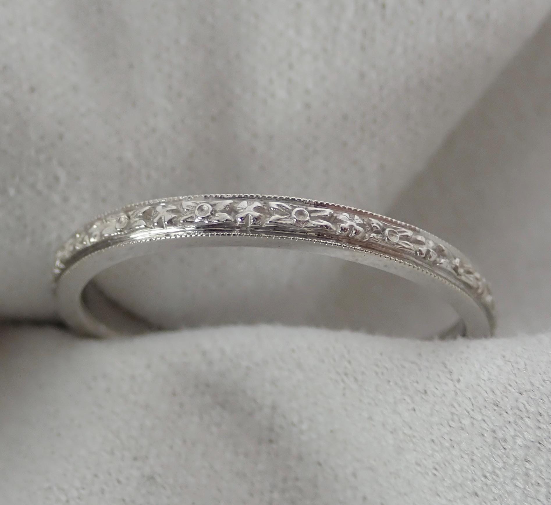 Vintage Carved Orange Blossom 14k White Gold Wedding Band Sizes 7.5 and 5.25