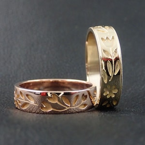 Flower wedding band, Floral Wedding Ring, Carved Flowers & Leafs 14k Yellow Gold Wedding Band, 5 mm Wide Solid 14k Rose Gold
