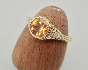 Bezel Set Vintage Style Golden Citrine with Diamonds Filigree Engagement Ring November Birthstone 14k yellow Gold