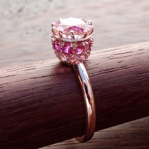 Morganite Crown Pave Rubies & Pink Sapphire Basket Engagement Ring 14k Rose Gold Vintage / Antique Style