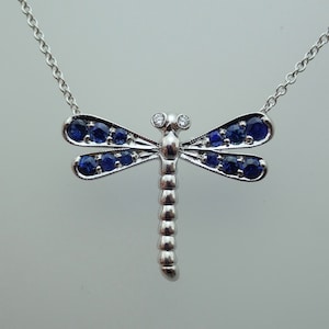 Blue Sapphire and Diamond Dragonfly Pendant 14k White Gold Chain Included