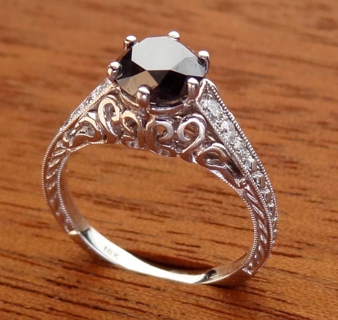 Black Diamond Engagement Ring Vintage / Antique / Art Deco Style 18k