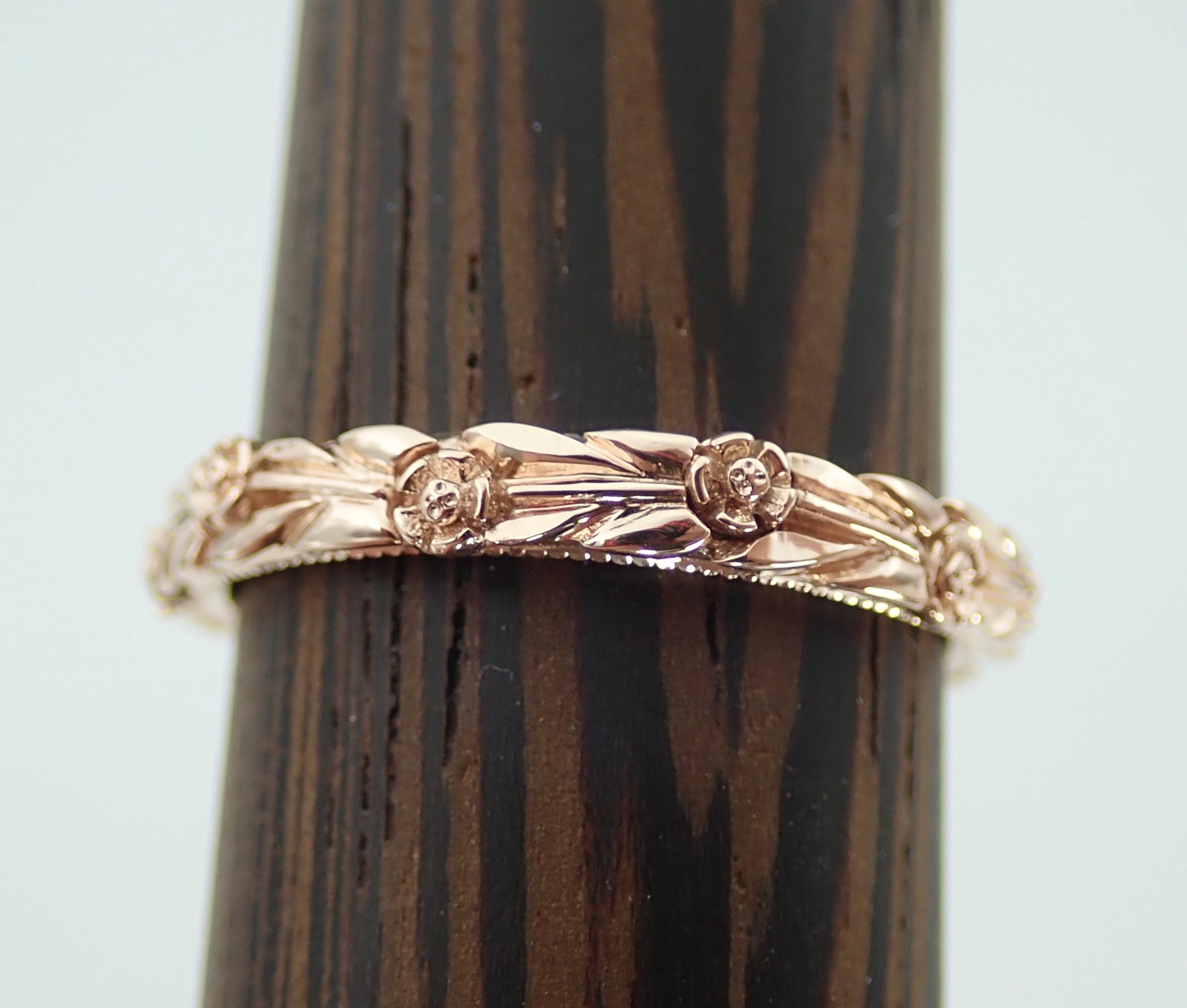 Rose gold Carved Flower Band with Milgrain Edge 2.5 mm Wide | Etsy