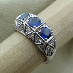 Blue Sapphire Diamond Platinum Art Deco Antique Style Ring