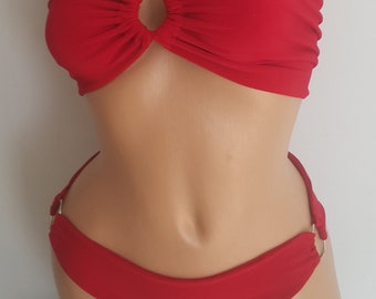 Red Bikini Set w/ Ring Details Swimwear Swimsuit Bikini Yoga Top Bustier Gift for Her Personalized Gift for Women Summer Beach Bathing Suit