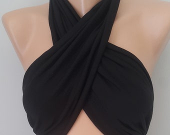 Handmade Black Wrap Top Versatile Criss Cross Crop Top Bralette Cotton Strapless Festival Yoga Top Unique gift for Women who has everything