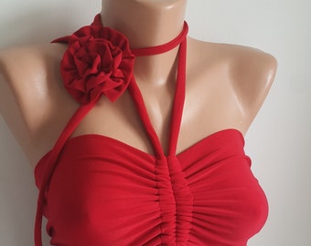 Rote Rose Crop Top, Rave Top, Boho Bluse, Festival Kleidung Frauen, Gipsy Kleidung, Halloween Kostüm, Cosplay Kostüm, Rave Outfit