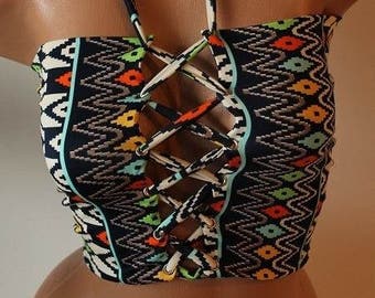 Spandex Bandeau Bikini Women Swimwear Strapless Lace up Swimsuit Festival Top Beach Fashion Bathing Suit Women's Swimwear Gift for Women