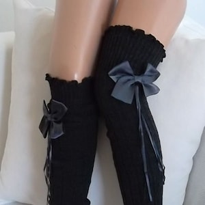 Over Knee Charcoal Bow Socks Unique Christmas Gifts for Women who has everything Personalized Gifts Legwarmer Winter Accessories for Her