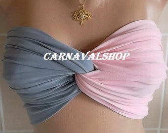 Maillot de bain bandeau rose pâle/gris en élasthanne, haut de bikini, cadeau de plage d'été pour femme