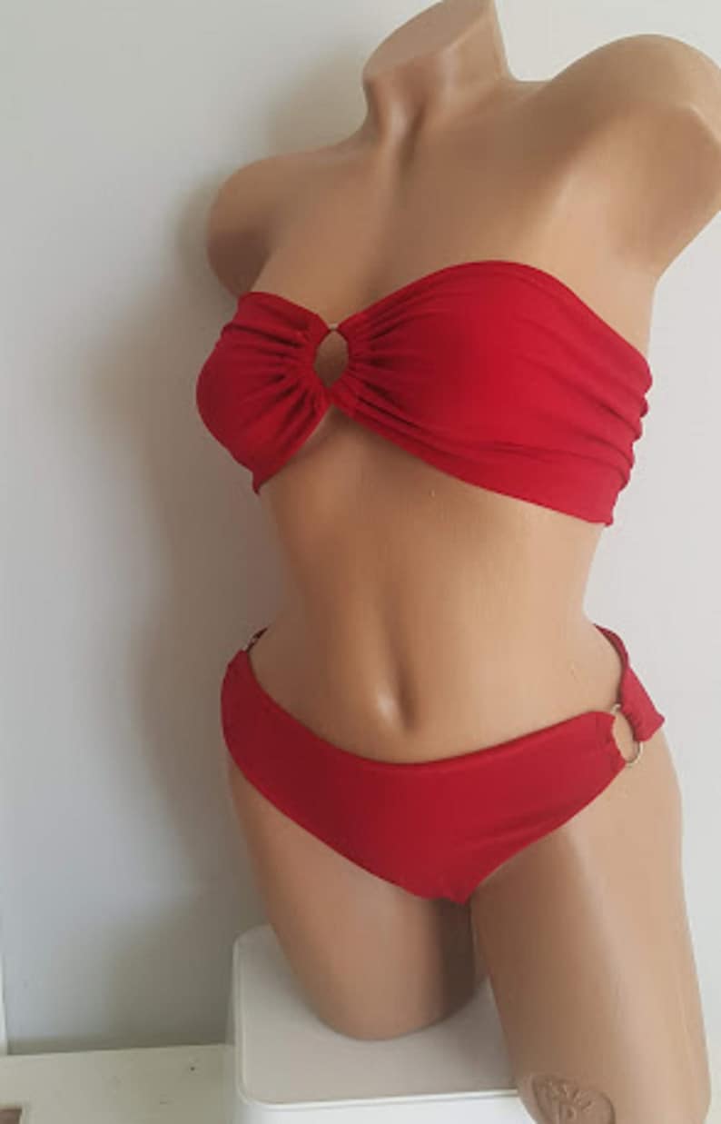Big Sale Red Bikini Set w/ Ring Details Swimwear Swimsuit Bikini Yoga Top Bustier Gift for Her Personalized Gift for Women Bathing Suit 