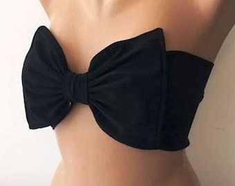 Black Bow Bikini Top Twisted Bandeau Swimwear Swimsuit Gift for Her Yoga Top Bustier Crop Top Girlfriend Gift Festival Costume Personalized