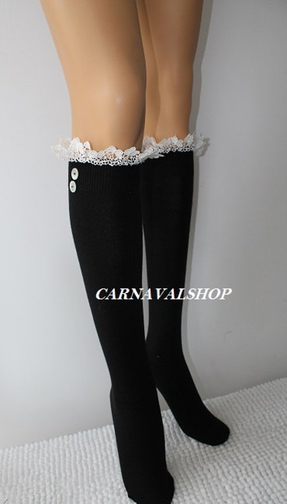 Black Socks Boot Socks Machine Knit Lace Trim and Button Leg | Etsy