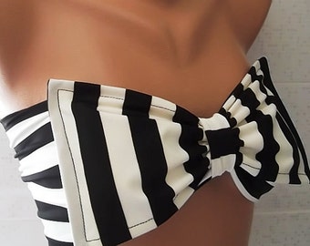 Bikini Swimwear Swimsuit Black and white striped bow spandex bandeau strappless bikini swimwear bikini top Women's fashion latest fashion