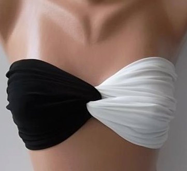 Black white Bikini Top, Spandex Bandeau, Sexy Bikini Top, Festival Bikini, Bachelorette Party, Baby Shower, Bra, Bralette, Birthday Gift image 1