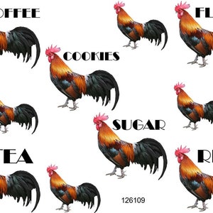 May include: A repeating pattern of colorful rooster illustrations on a white background. Each rooster is depicted with orange, red, and black feathers. Text labels such as "COFFEE", "FLOUR", and "COOKIES" are placed above the roosters.
