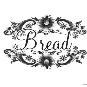 May include: Black and white illustration of a decorative floral design with the word "Bread" in a script font.