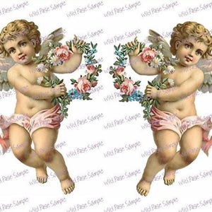 May include: Two cherubs with wings, each holding a bouquet of pink and white flowers. The cherubs are depicted with a light pink and white color scheme and are set against a white background.