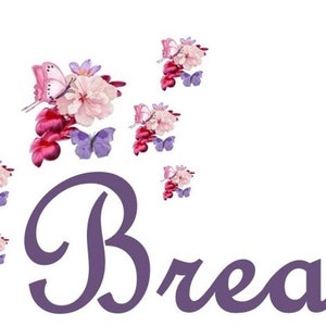 May include: Purple cursive text that reads "Bread" with pink and purple flowers and butterflies scattered around the text.