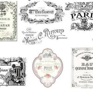 May include: A collection of vintage French perfume bottle labels with black and white illustrations and text. The labels feature names like "Eau de Roses", "Paul Charvet", "C. Riffard", and "Eau Quinine Tonique".