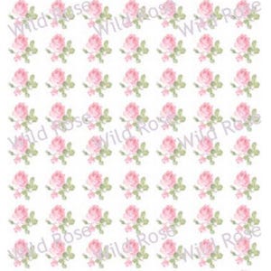 May include: A seamless pattern featuring a repeating design of pink roses with green leaves on a white background.
