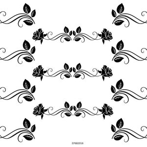 May include: Black and white silhouette of a repeating pattern of roses and leaves. The roses are stylized and have a simple design. The leaves are also stylized and have a simple design. The pattern is repeated five times.