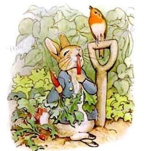 May include: A brown rabbit wearing a blue jacket sits in a garden, holding a red carrot in its paws. A robin perches on a garden tool behind the rabbit.