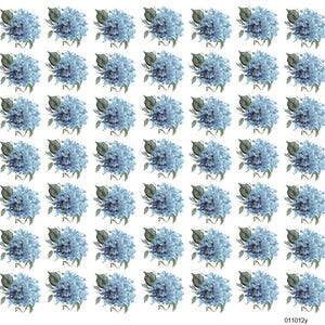 May include: A repeating pattern of blue hydrangea flower illustrations arranged in a grid. Each individual floral motif features a cluster of light and dark blue petals with green leaves. The text 011012y is printed in the bottom right corner.