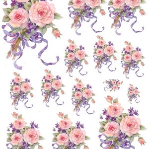 May include: A white background with a repeating pattern of pink and purple watercolor bouquets of roses tied with purple ribbons.