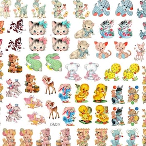 May include: A sheet of colorful stickers featuring various cartoon animals, including bunnies, kittens, chicks, bears, and deer. The stickers are perfect for adding a touch of whimsy to crafts, scrapbooking, and other projects.