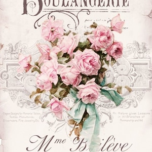 May include: A vintage advertisement for a bakery called "Mme B lève" located at 38, rue Bourbon, 38 Chatellerault. The advertisement features a bouquet of pink roses with a blue ribbon.