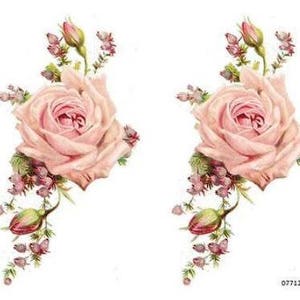 May include: Two pink roses with green leaves and small pink buds. The roses are arranged in a vertical design with the stems pointing downwards.