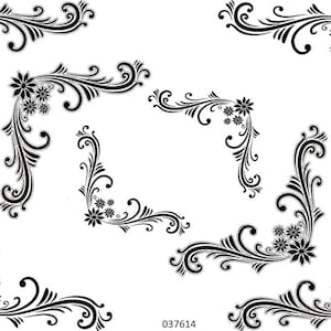 May include: Black and white floral corner designs. Each corner features a stylized floral arrangement with delicate petals and swirling vines. The designs are suitable for various craft projects, scrapbooking, or decorative purposes.