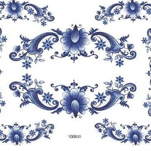 May include: Blue and white floral design with intricate details. The design is repeated in a symmetrical pattern around the border of the image. The design is reminiscent of traditional Dutch Delftware.