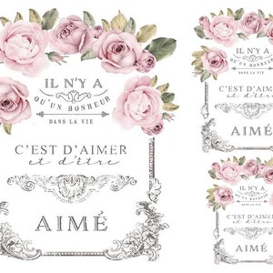 May include: A white background with a decorative design featuring pink roses and the French phrase "Il n'y a qu'un bonheur dans la vie" which translates to "There is only one happiness in life". The design also includes the phrase "C'est d'aimer et d'être aimé" which translates to "It is to love and to be loved".