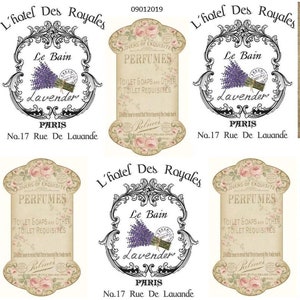 May include: A collection of vintage-style labels featuring lavender flowers and the text "L'fiotel Des Royales", "Le Bain Lavender", "PERFUMES", "La Maison du Lavande", and "LAVENDER".