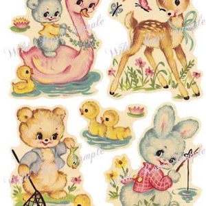 May include: A set of vintage illustrations featuring a pink swan with a blue teddy bear riding on top, a brown deer, a brown bear with a fishing net, a blue bunny with a fishing rod, and several yellow ducklings. The illustrations are in a cartoon style and have a whimsical feel.