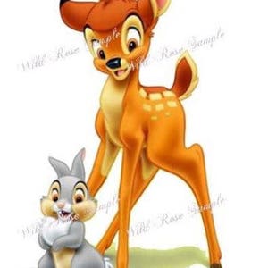 May include: A cartoon illustration of Bambi the deer, with brown and orange fur, standing next to a gray rabbit named Thumper. Bambi is looking down at Thumper, who is looking up at Bambi.