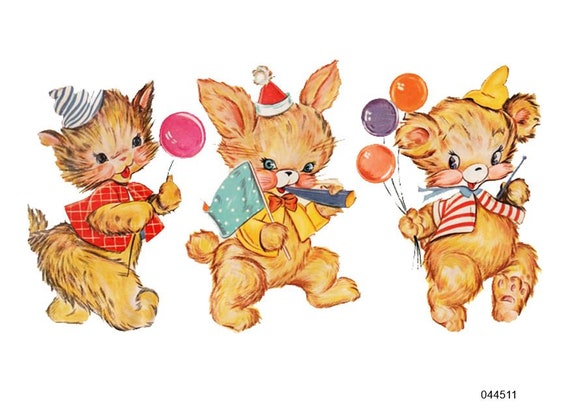 Vintage XL Meyercord Repro Party Bears Shabby Decals ~furniture