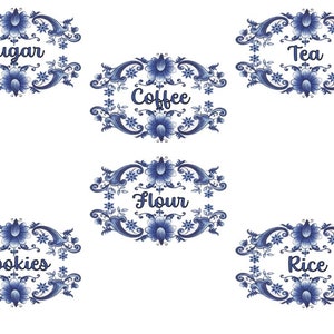 May include: Six blue and white floral patterned labels with the words "Sugar", "Coffee", "Tea", "Flour", "Cookies", and "Rice" in a cursive font.