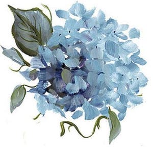 May include: A painting of a blue hydrangea flower with green leaves. The flower is painted in a loose, impressionistic style.