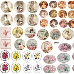 May include: A sheet of vintage-style paper decoupage featuring a variety of images, including roses, birds, and Parisian scenes. The sheet is divided into squares and circles, with a variety of colors and patterns. The sheet is labeled "DM47".