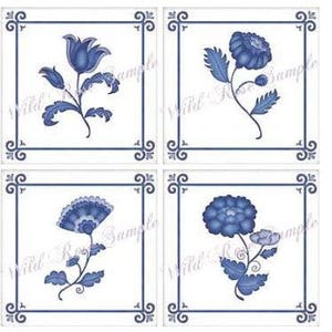May include: Four blue and white floral tile designs with a decorative border. Each tile features a different stylized floral motif.