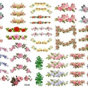 May include: A sheet of 30 floral nail art stickers featuring various designs of pink, white, and blue roses, leaves, and vines. The stickers are perfect for adding a touch of elegance to your nails.